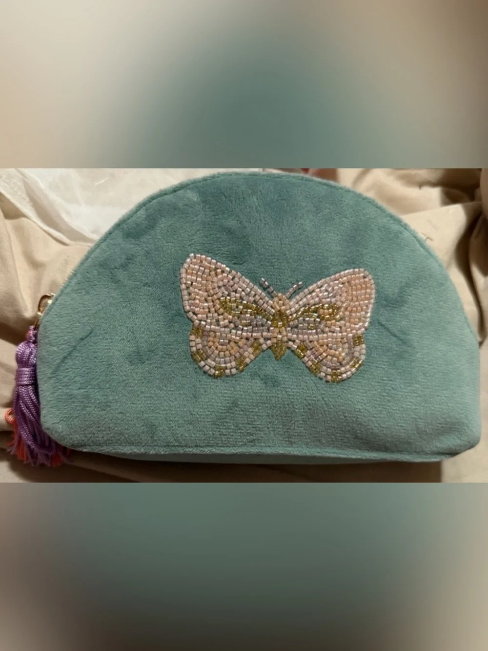 Beaded Butterfly Velvet Cosmetic Pouch - Teal